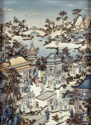 Panel depicting a dignitary with attendants watching a female dancer, Qianlong period, 1736-95 (one of a pair)
