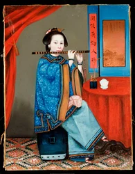 Portrait of a Court Lady Seated, in a Blue Robe, Playing the Flute