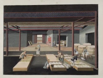 The Crating and Packing of Bowls and Dishes, plate 12 in a series of twelve depicting the process of Chinese porcelain manufacture, 19th century