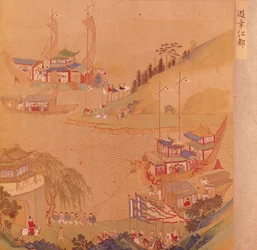 The Second Sui Emperor, Yangdi (569-618) with his fleet of sailing craft, from a history of Chinese emperors