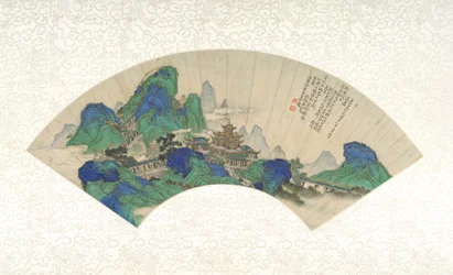 Palaces of the Immortals, Folding Fan Mounted as an Album Leaf, 1753