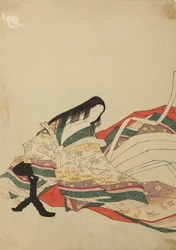 Lady-in-Waiting Seated before a Black Table, plate from the album: Pictures of the Thirty-six Female Immortals of Poetry in Brocade Prints
