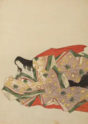 Court Lady Seated in a Light Violet Robe with a Green and Yellow Pattern, Plate from the Album: Nishiki-zuri onna sanju rokkasen e-zukushi