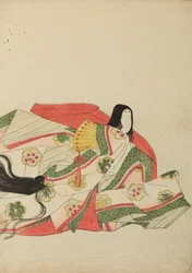 Court lady seated with a yellow fan, plate from the album: Nishiki-zuri onna sanju rokkasen e-zukushi