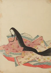 Seated court lady, turned to the left, in a lilac-pink robe, plate from the album: Nishiki-zuri onna sanju rokkasen e-zukushi