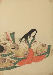 Seated Court Lady Turned to the Right in a Robe with a Medallion Pattern, plate from the album: Nishiki-zuri onna sanju rokkasen e-zukushi