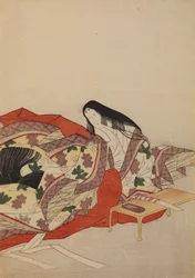 Court Lady with a Brush at a Table, plate from the album: Thirty-Six Female Poets