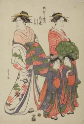 Oiran Mitsuhana of the Obishi-ya pleasure house with an attendant and two kamuro, Kikuchi and Kikuno