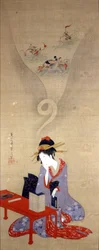 Oiran thinking. Work by Eishi (1756-1815). Genoa, Museo Chiossone.