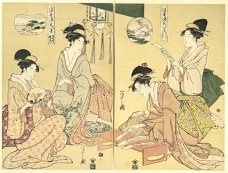 Spirit Summoner; Wild Geese Returning Home (Maboroshi; Rakugan) (right) and A Thin Veil of Clouds; Clearing Weather (Usugumo; Seiran) (left), from the series Eight Views of The Tale of Genji in the Floating World (Ukiyo Genji hakkei)