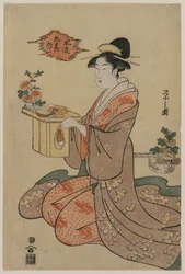 Woman Holding a Wooden Cup Stand Decorated with Chrysanthemums