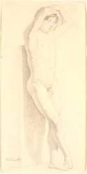 Standing Male Model with Arms Raised Over Head. Facing Right
