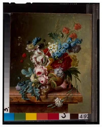 A Vase of Flowers on a Marble Ledge & A Basket of Flowers with a Goldfinch