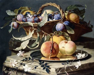 Peaches and Plums in a Wicker Basket, Peaches on a Silver Dish and Narcissi on Stone Plinths