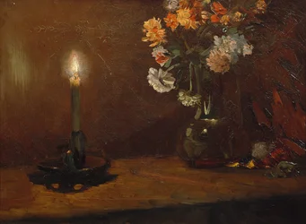 Arrangement with Candle and Flowers in Vase