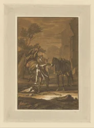 Man Next to Horse Bends to Pick Something from the Ground (Riders, Horses, and Battles)