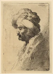 Bust Portrait of a Man Wearing a Head Covering, in Left Profile