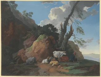 Rocky Area with a Shepherd, Two Cows, Two Sheep, and a Goat