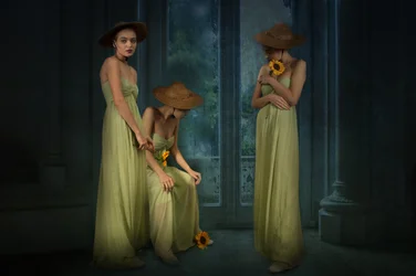 Women Sunflowers Rainy Window