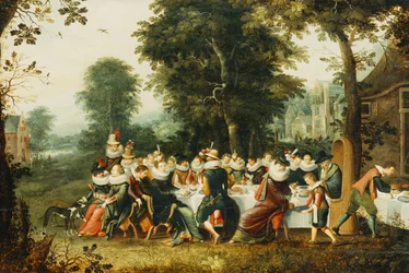 Elegant Figures Seated at a Banquet Table in a Wooded Clearing