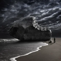Bitten Rock on Stormy Beach