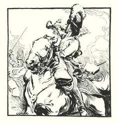 Bugler of the Scots Greys, drawing for an advertisement for Major Drapkin & Co
