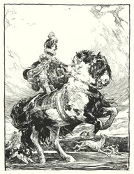 Woman in Tudor costume hunting on horseback
