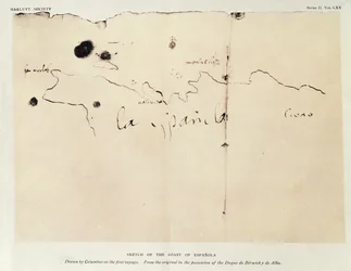 Sketch of the coast of Espanola, drawn by Columbus on the first voyage, from the original in the possession of the Duque de Berwick y de Alba, 1492