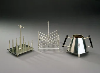 Toast Rack with Upright Supports, Manufactured by Hukin & Heath, 1878; Triangular Section Toast Rack, Manufactured by Elkington & Co., c. 1875-88; Sugar Bowl with Ebonised Wood Handle