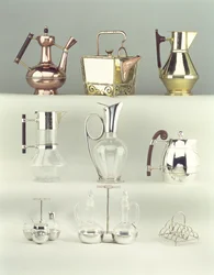 Oriental Coffee Pot, Benham & Froud, c.1888; Japanese Rivetted Square Teapot, Benham & Froud, c.1888; Claret Jug, Richard Perry, Son & Co., c.1880