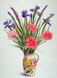 Irises and Gerbera in a Dutch Jug