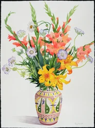 Orange and Blue Flowers in a Moroccan Vase