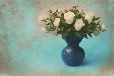 White Roses in Blue Vase