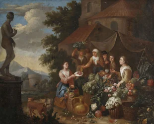 Selling Vegetables and Flowers at an Italian Market Stall