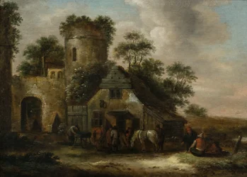 Figures Outside an Inn by the Town Walls in Summertime