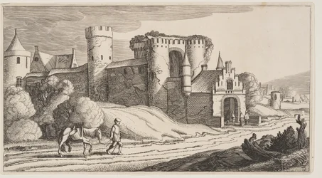A Peasant with a Horse on a Road Near City Walls, from Landscapes (Playsante Lantschappen)