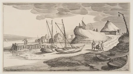 Boats Ashore Near a Watch-Tower, from Landscapes (Pleasant Landscapes)