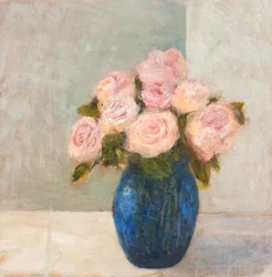 Pink Roses in Blue Vase