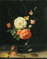 Flowers in a Vase with Grasshopper and Frog