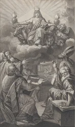 Allegorical Figure Appearing on Clouds Overhead While a Group of Men Gathered Below Look Up