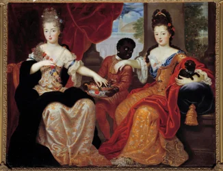 Portraits of Mademoiselle de Blois and Mademoiselle de Nantes served by their Black servant. Mademoiselle de Blois (1677-1749), future wife of Louis de Bourbon, Mademoiselle de Nantes (1673-1743), future Duchess of Orléans. Painting by Claude François