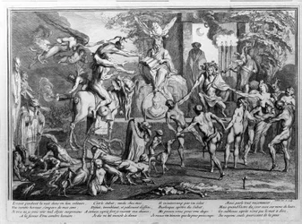 Sabbath Ceremony, Demons, Witches and Monstrous Creatures Dancing. Engraving by Gillet