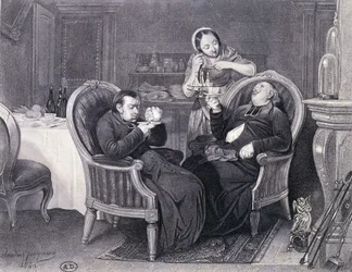 Afterdinner: Two Priests Take Coffee and Digestive, Served by Their Maid