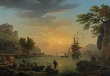 A Landscape at Sunset with Fishermen returning with their Catch. Painting by Claude Joseph Vernet, 1773