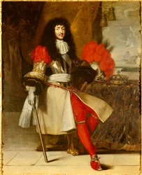 Full-length portrait of Louis XIV, King of France and Navarre (1638-1715), circa 1665-1670 (warship with crown and sceptre placed on the table, before a maritime landscape with a boat), painting by Claude Lefebvre (1632-1675), around 1670, H. 1.96 x 1.55