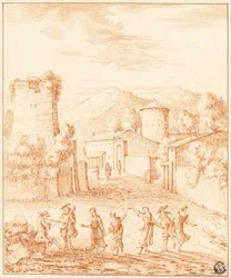 Dancers and Musicians Before Village with Ruined Tower