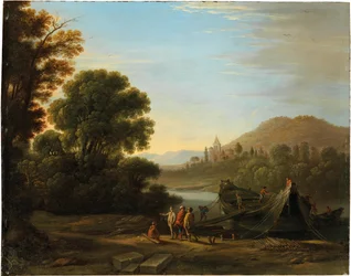 Landscape with Figures Loading Timber onto a Boat