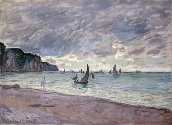 Fishing Boats in front of the Beach and Cliffs of Pourville
