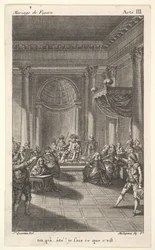 A Man Seated in a Chair on a Stepped Platform Holds an Audience