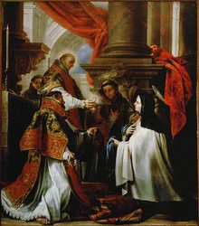 The Communion of Saint Theresa of Avila; Petrus of Alcantara offers the host, Saint Francis and Saint Anthony of Padua assist as deacons